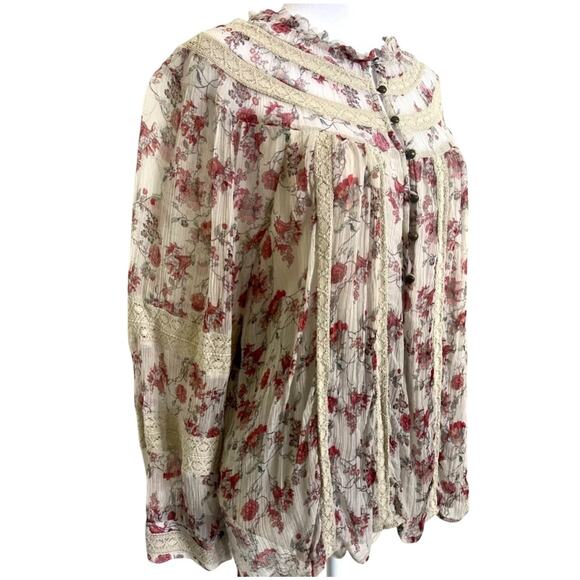 Anthropologie Boho Blouse tiny floral crinkle chiffon lace trim poet sleeve S - Picture 4 of 14